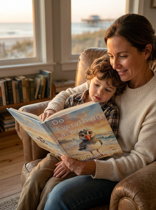 mother reading Christian children's book to child teaching kids about faith Love1614