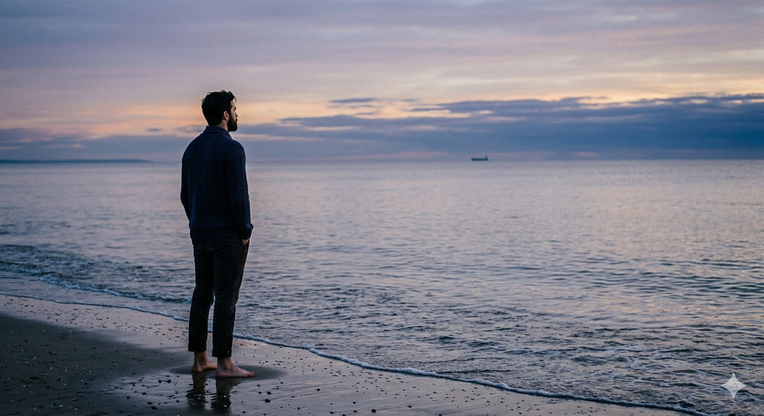 Person standing alone at the ocean's edge at dusk, looking out at an expansive quiet sky
