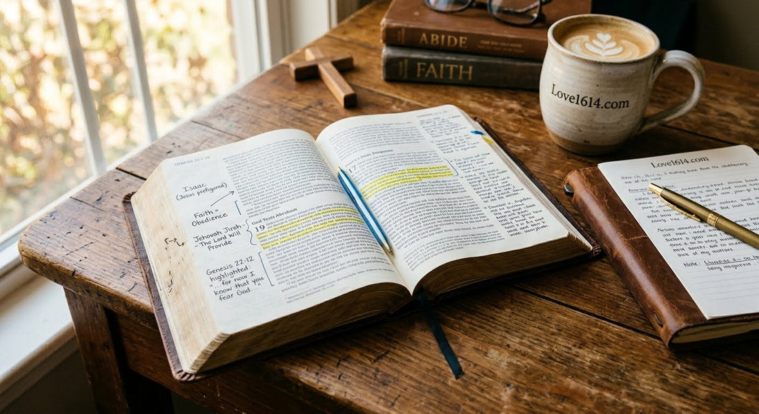 Open Bible on a wooden desk with a journal, pen, and coffee mug in warm morning light