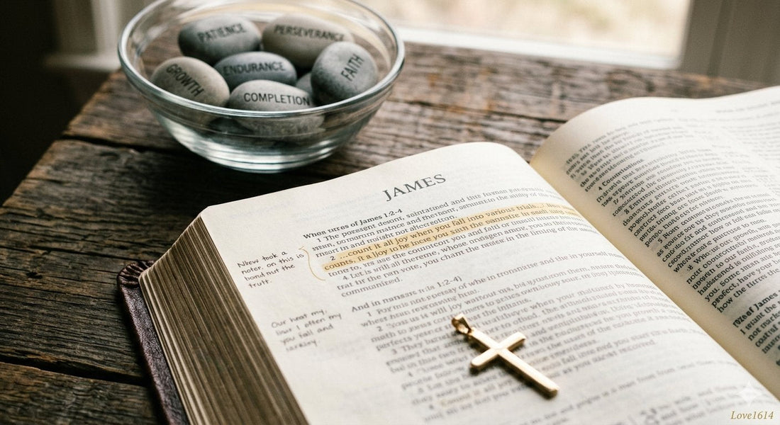 Christian devotional graphic about James 1:2-4 and counting it all joy during trials, Love1614