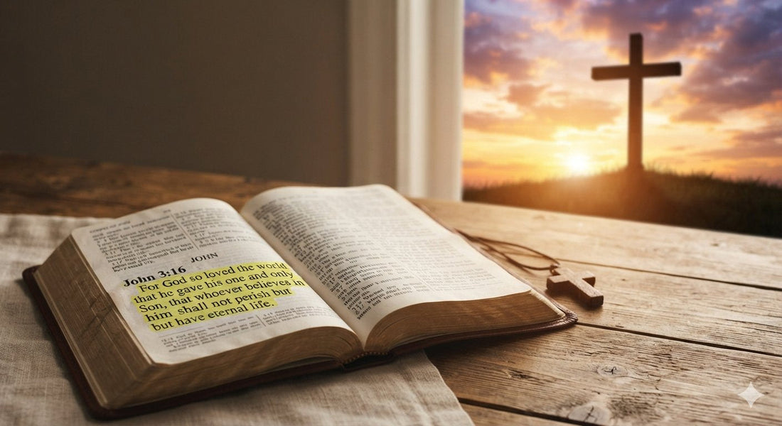 open Bible with wooden cross John 3 16 For God so loved the world