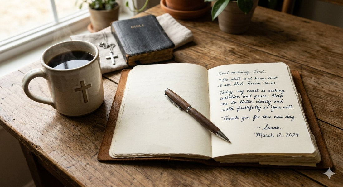 Open journal with pen and coffee in soft morning light, ready for gratitude journaling