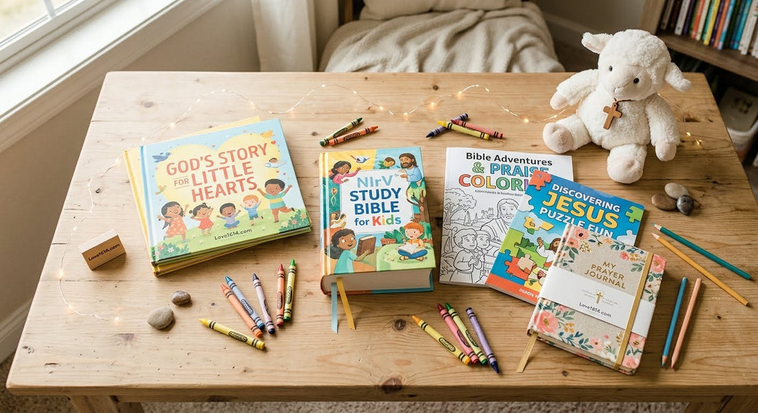 Christian gifts for kids including a children's Bible, picture book, coloring book, puzzle book, and journal arranged on a wooden table with crayons and soft white lights