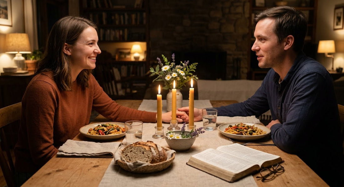 A candlelit dinner table set for two with warm, simple elements conveying everyday love