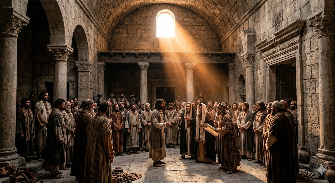 Dramatic ancient stone temple interior with light streaming in, evoking the authority of Jesus teaching in the temple