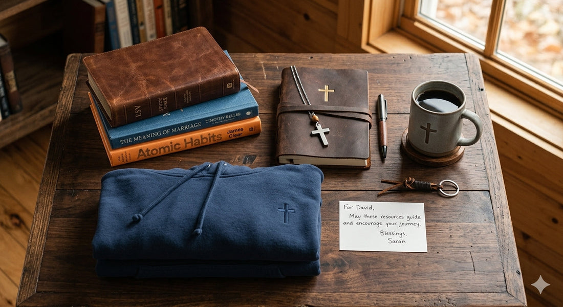 Books, journal, hoodie, and coffee mug arranged on dark wood surface, masculine Christian gift ideas
