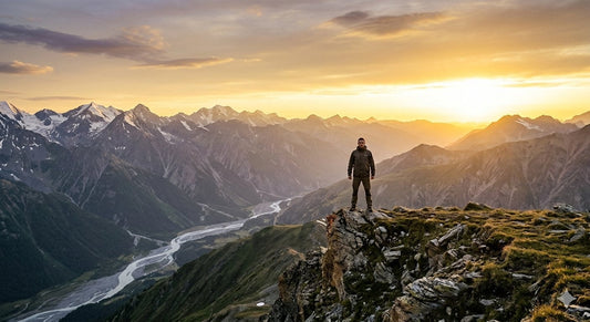 A lone figure standing at the edge of a vast mountain landscape with golden light breaking on the horizon