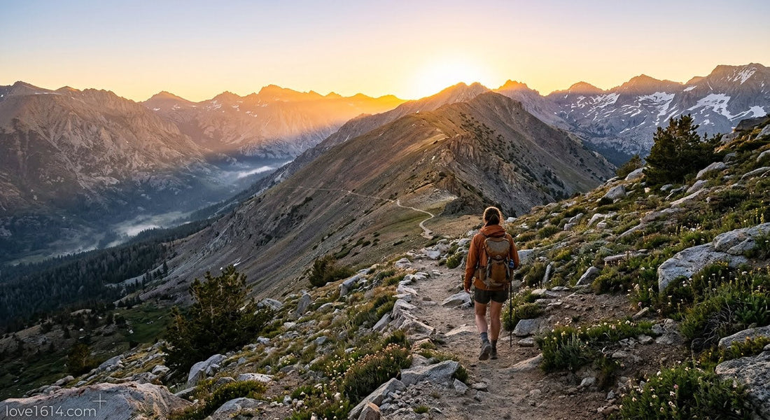 A winding mountain trail at dawn with golden light spilling over the ridge and a lone figure walking upward