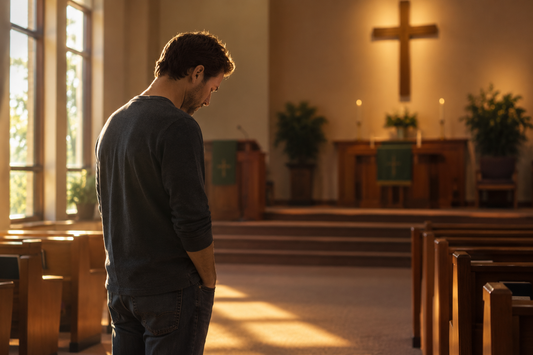 A person standing quietly in a dimly lit sanctuary, head slightly bowed in honest worship