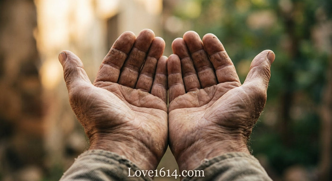 A pair of weathered open hands held out in offering with soft light falling across them