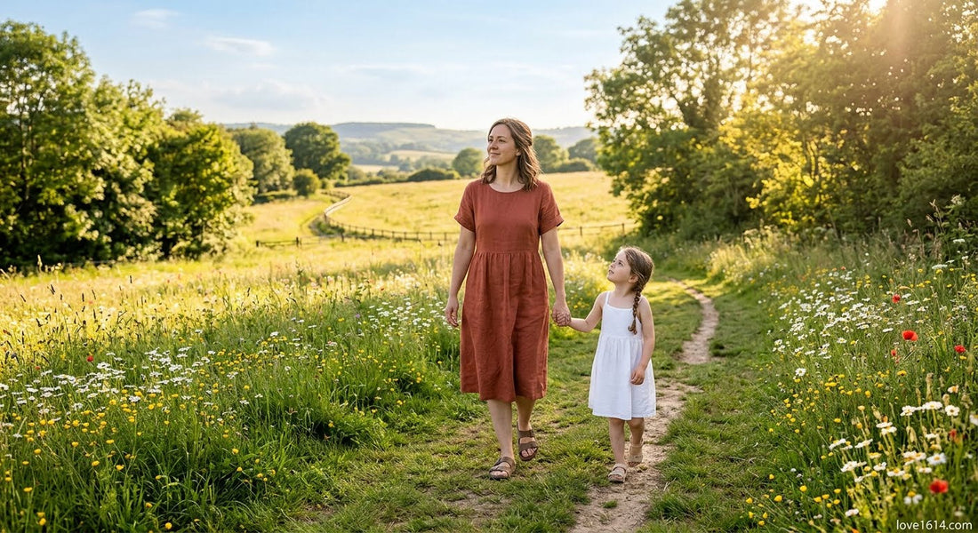 A parent and child walking hand in hand along a sunlit path through a meadow