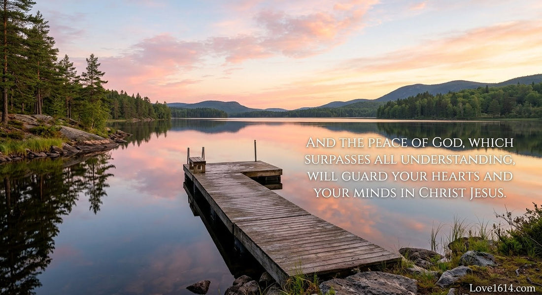 Serene lakeside scene at dawn with still water and a wooden dock extending into peaceful morning light