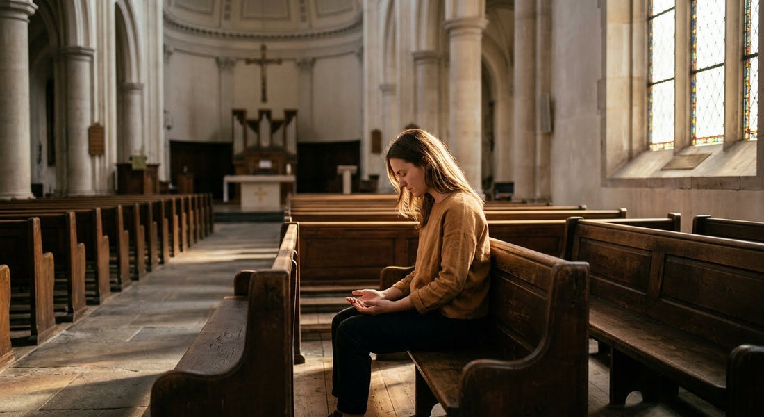 A person sitting alone in an empty church pew with soft morning light streaming through tall windows