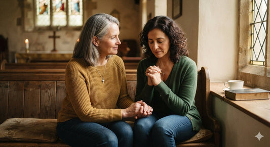 Two people sitting together in prayer, natural light, feeling of quiet care and presence