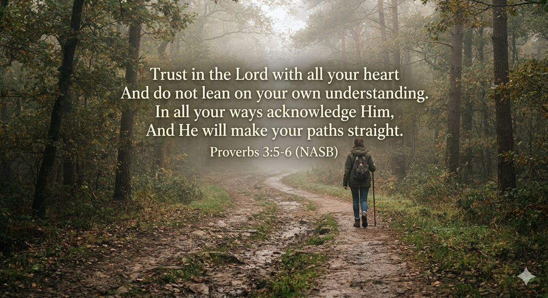 person walking on misty forest path Proverbs 3 5-6 trust in the Lord with all your heart