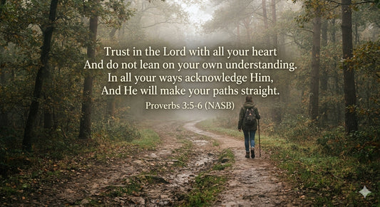 person walking on misty forest path Proverbs 3 5-6 trust in the Lord with all your heart
