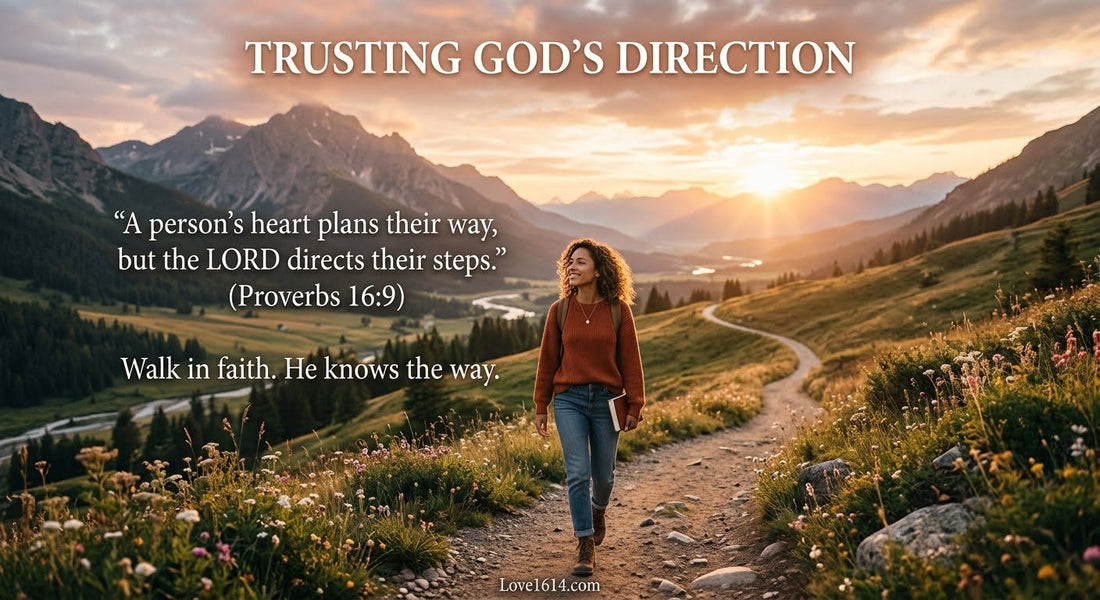 Christian devotional graphic about Proverbs 16:9 and trusting God's direction, Love1614