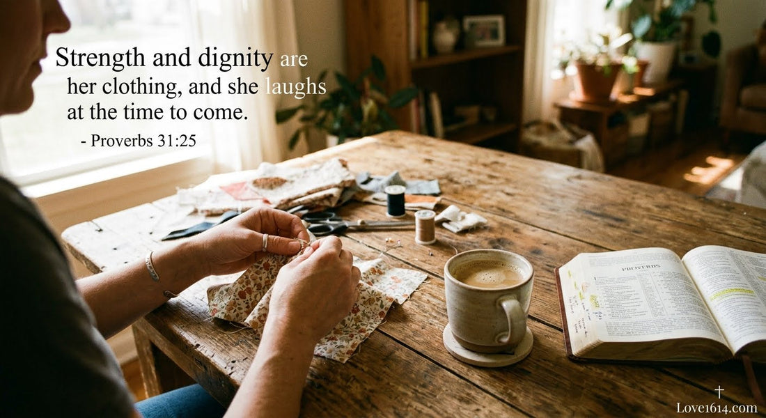 A woman's hands working at a wooden table with fabric, a cup of coffee, and an open Bible nearby in warm natural light