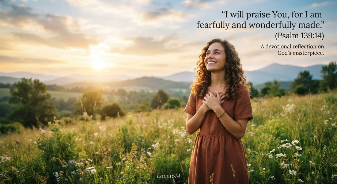 Christian devotional graphic about Psalm 139:14 and being fearfully and wonderfully made, Love1614