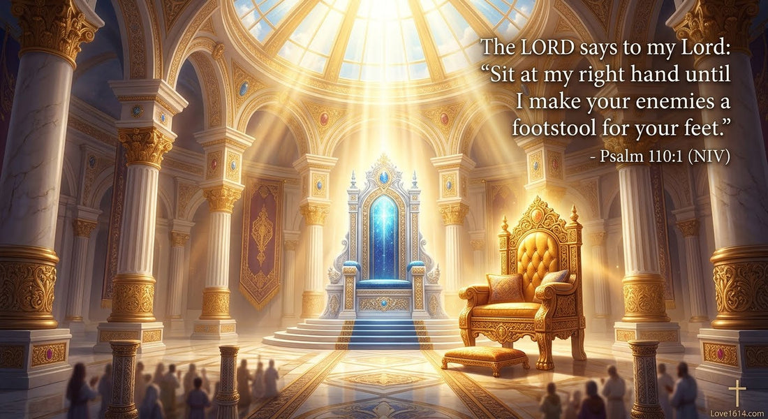 A magnificent throne room with a golden seat at the right hand of a larger throne with light pouring in from above