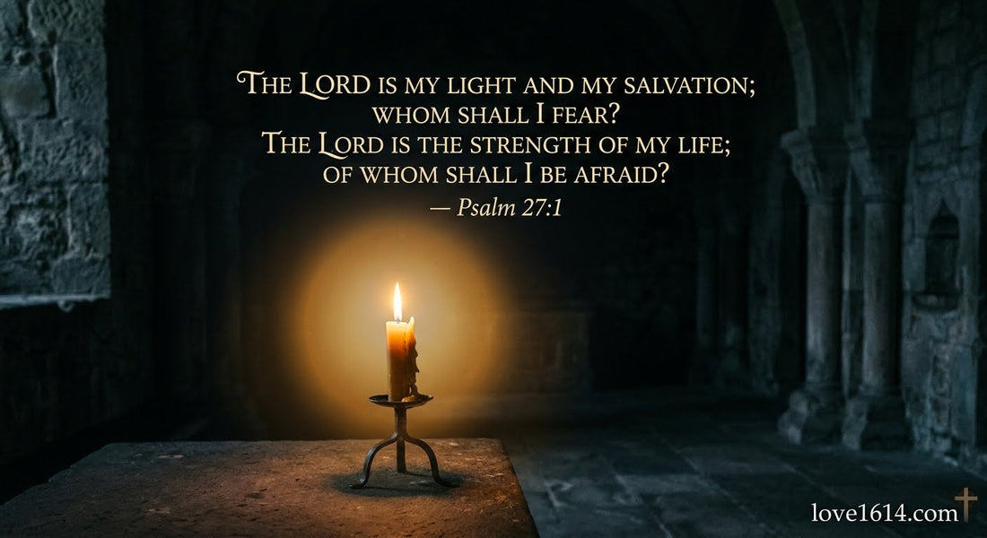 A single candle burning in a dark stone room with light radiating outward and shadows retreating