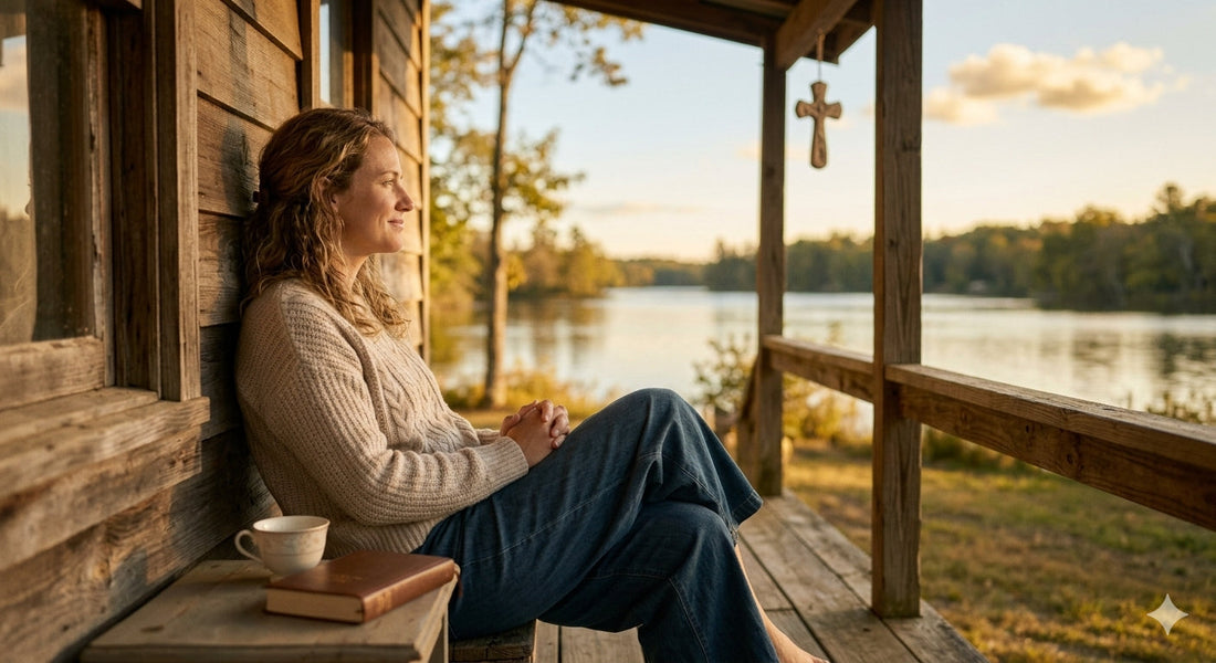 A person sitting peacefully outdoors in warm golden light, resting without distraction