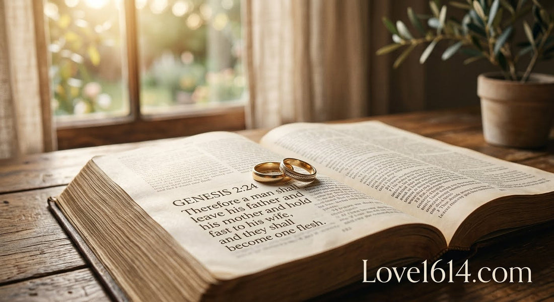 Two wedding bands resting on an open Bible with warm golden light