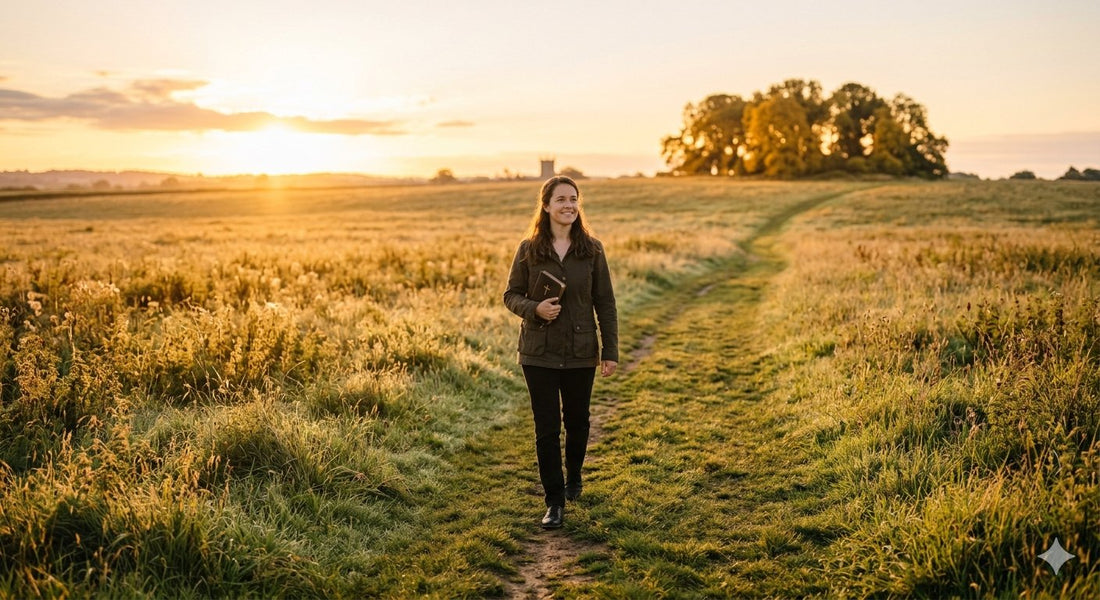 A person walking purposefully through a wide golden field toward a sunrise horizon, symbolizing seeking God's kingdom first
