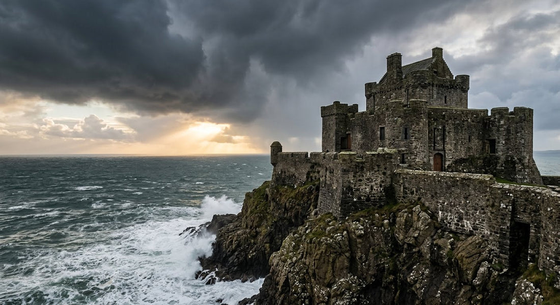 A stone fortress on a cliff above a stormy sea with sunlight breaking through dark clouds