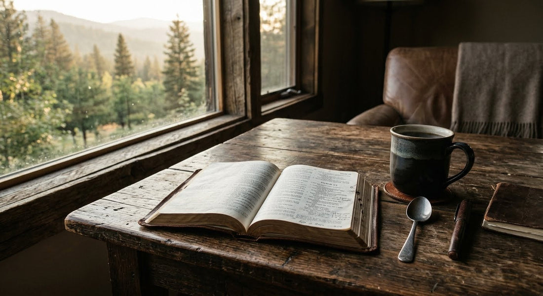 open Bible and coffee on wooden table by window morning light men's devotional quiet time