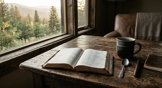 open Bible and coffee on wooden table by window morning light men's devotional quiet time