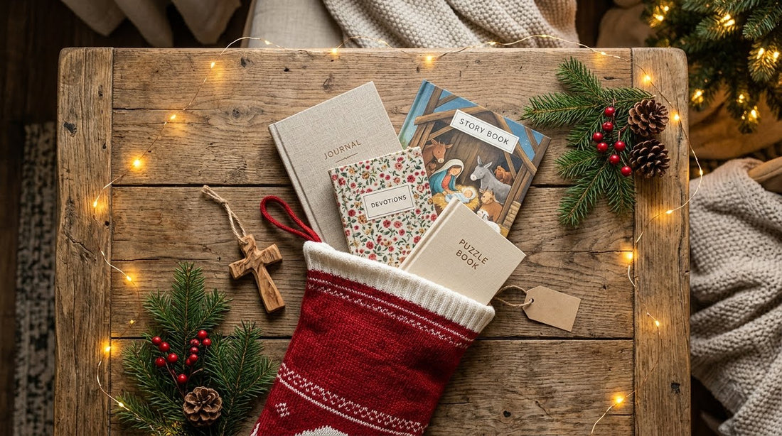 Christian stocking stuffers including faith-based journals, devotionals, and books spilling out of a red Christmas stocking on a wooden surface with golden lights