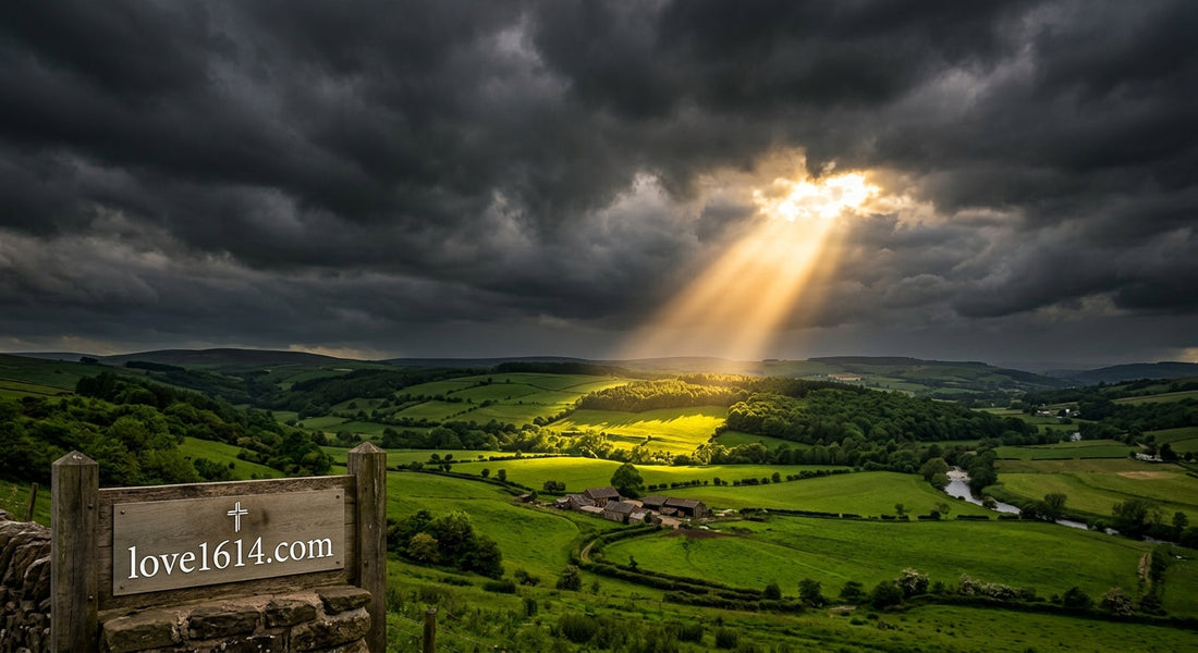 Sunlight breaking through heavy storm clouds over a green landscape with one brilliant ray reaching the ground