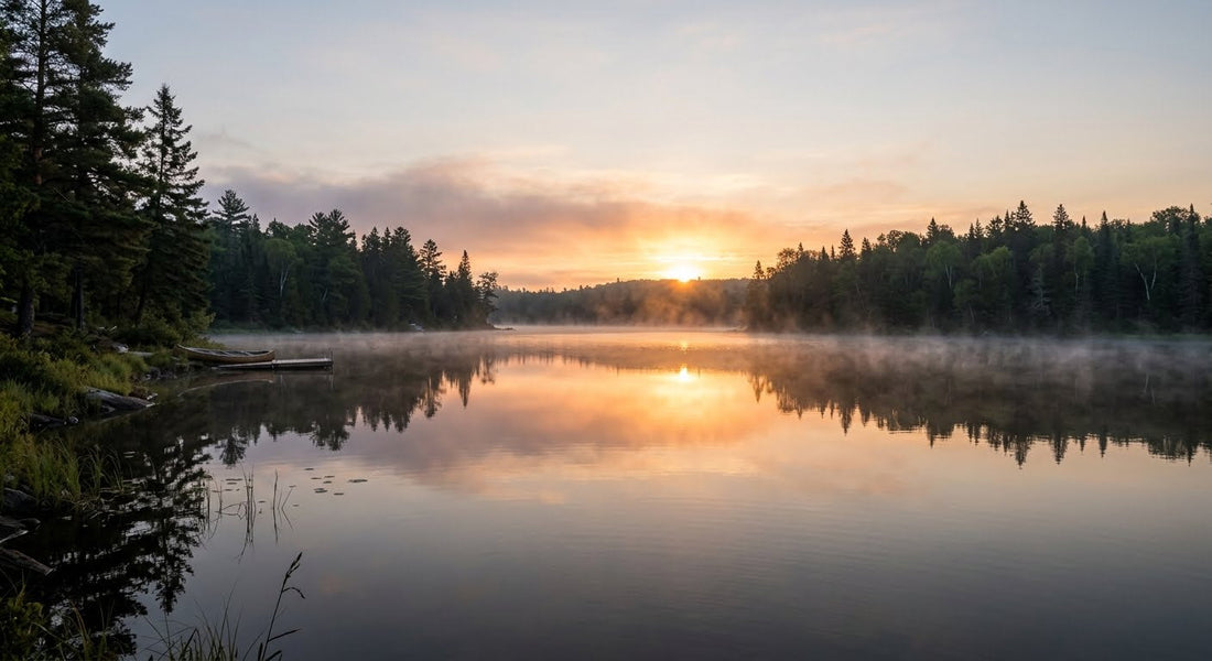A sunrise over a calm lake with mist rising from the water and trees reflected in the stillness