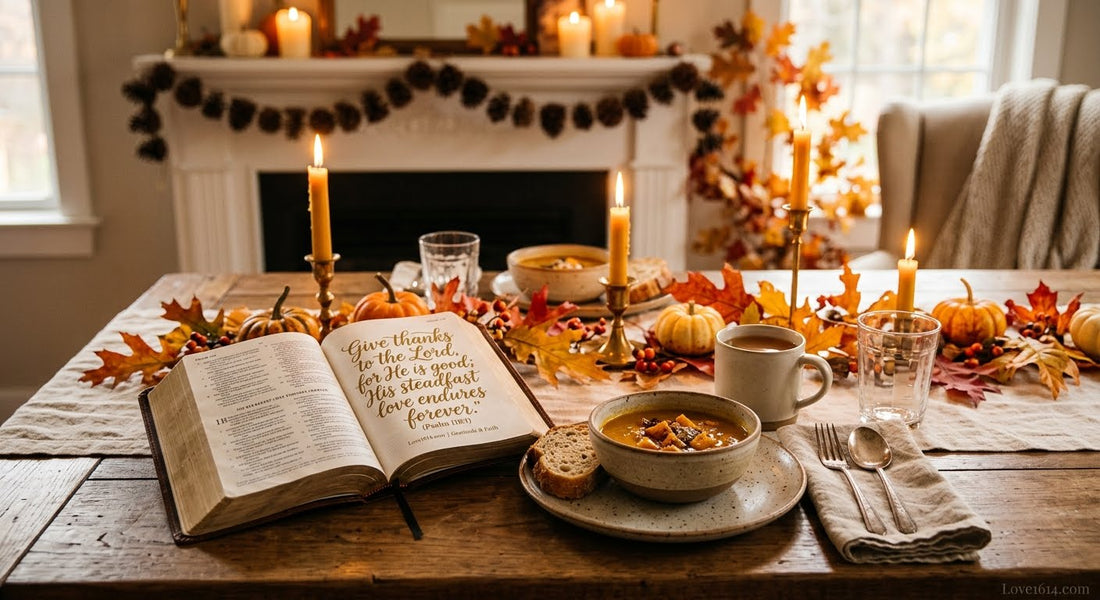 Open Bible on a warm autumn table with fall leaves, candles, and soft golden light