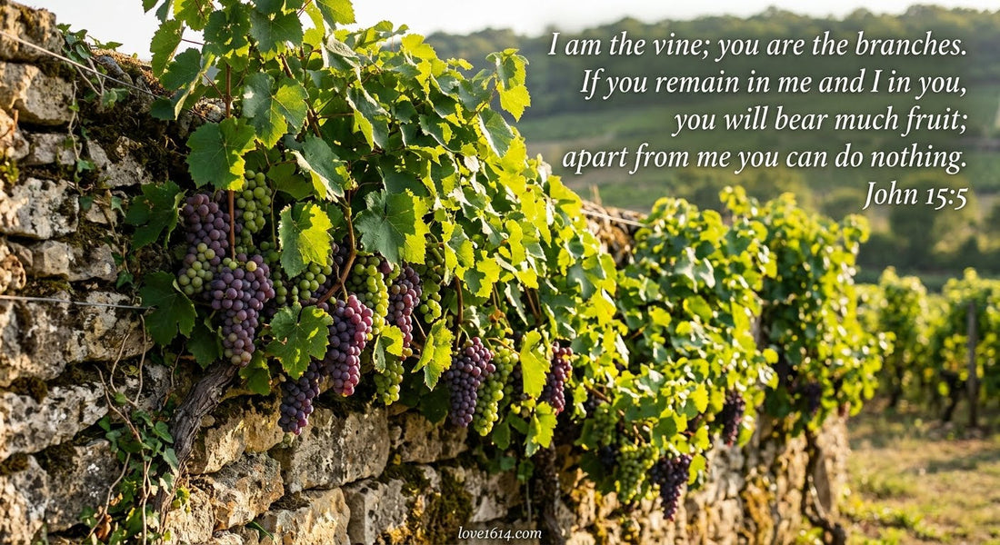 A grapevine heavy with ripe fruit growing along a sunlit stone wall with green leaves catching the light