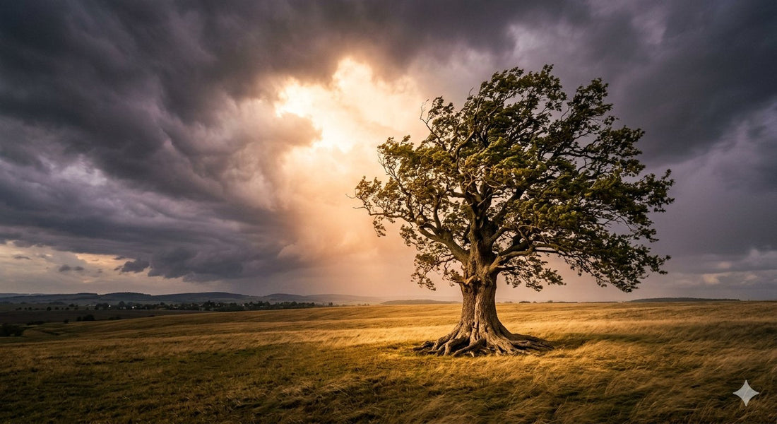 A single tree standing firm in an open field under a dramatic sky with light breaking through