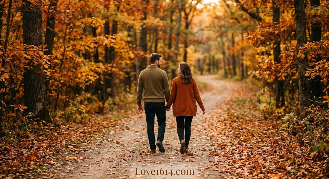 Two people walking side by side on a tree-lined path in autumn with warm tones