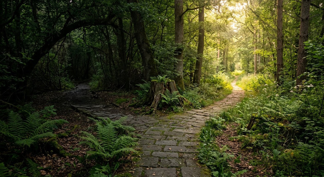 A forest path splitting into two directions, one sunlit and one in shadow