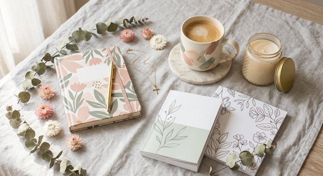 Faith-based gifts for women including journals, a devotional, a coloring book, a mug, and a candle arranged on a soft linen surface with natural light