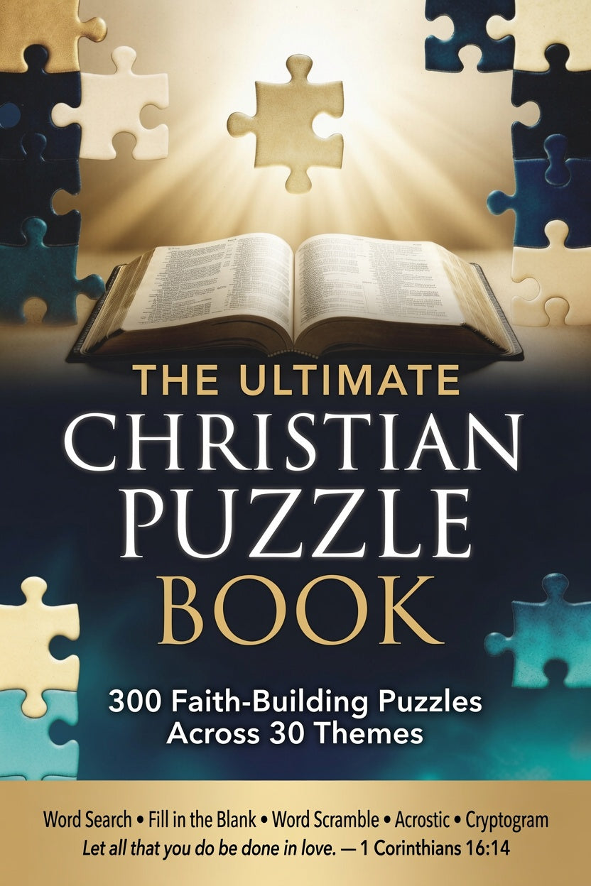 The Ultimate Christian Puzzle Book cover featuring an open Bible with puzzle pieces and golden light