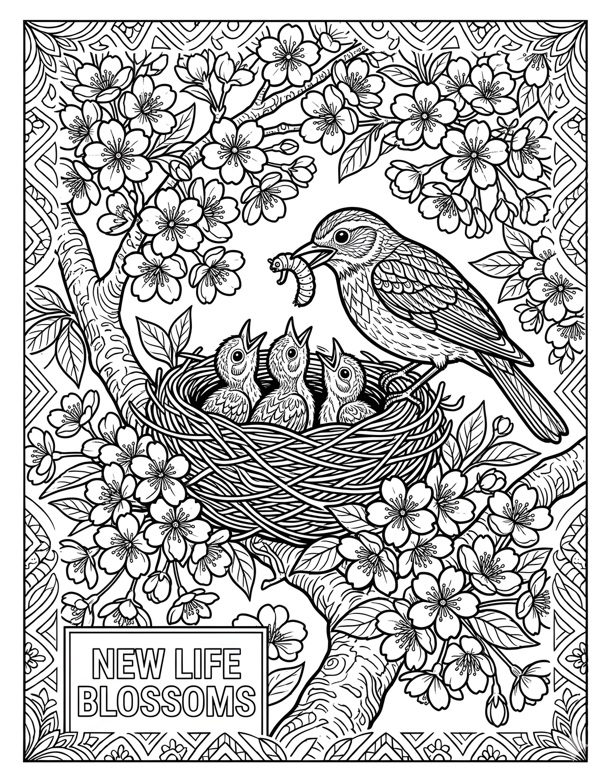 Sample coloring page from Do Everything in Love showing a bird family faith-inspired scene