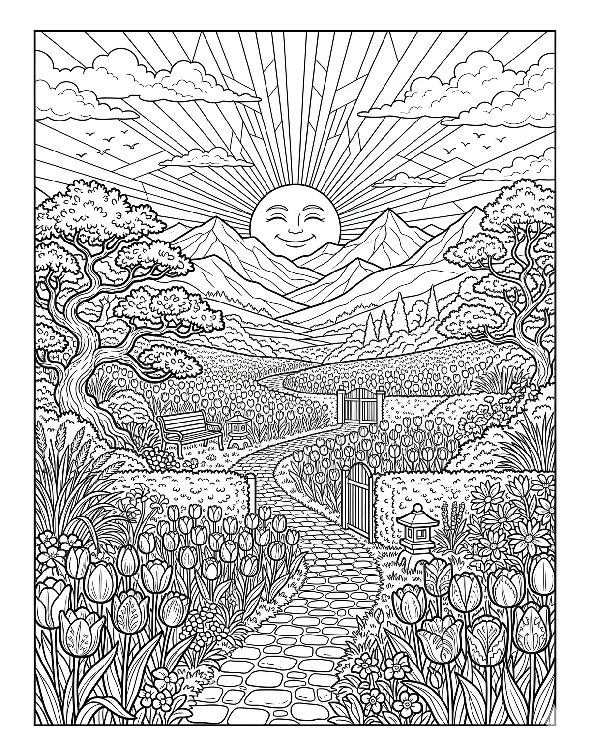 Sample coloring page featuring a peaceful garden scene from Do Everything in Love