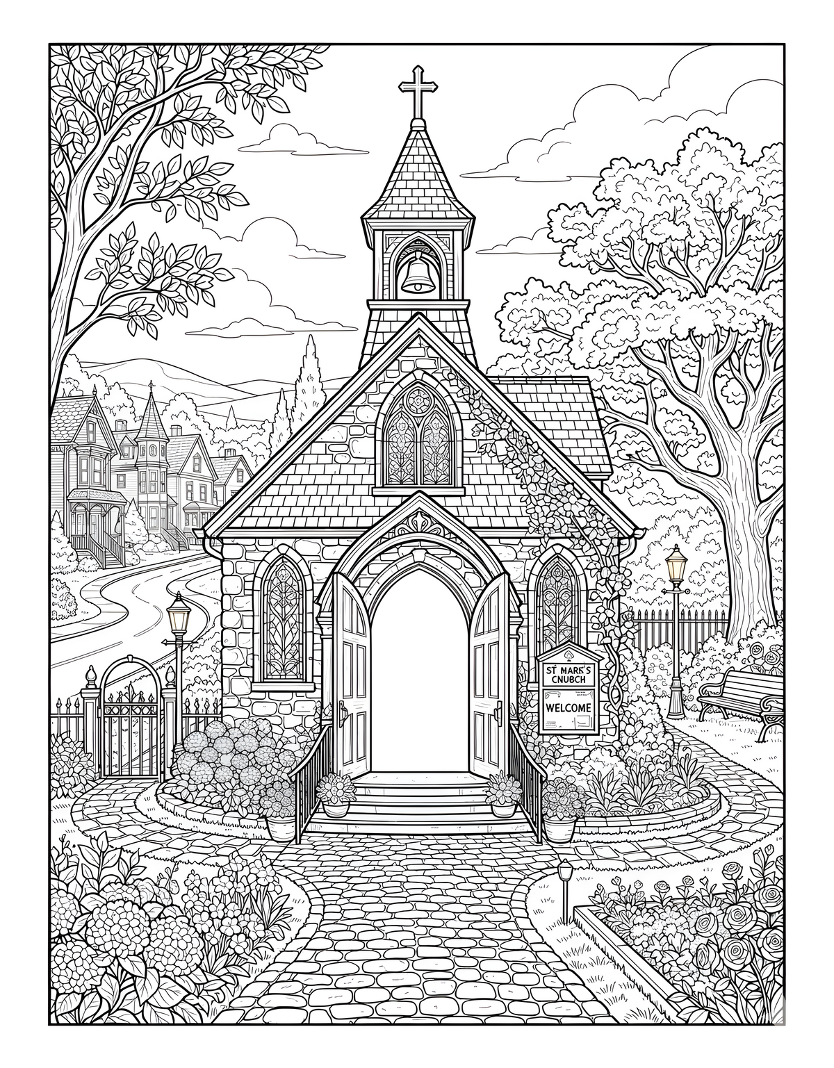 Sample coloring page featuring a church and landscape from Do Everything in Love