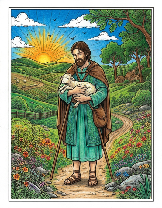 Do Everything in Love Christian Coloring Book cover featuring Jesus holding a lamb in a pastoral landscape