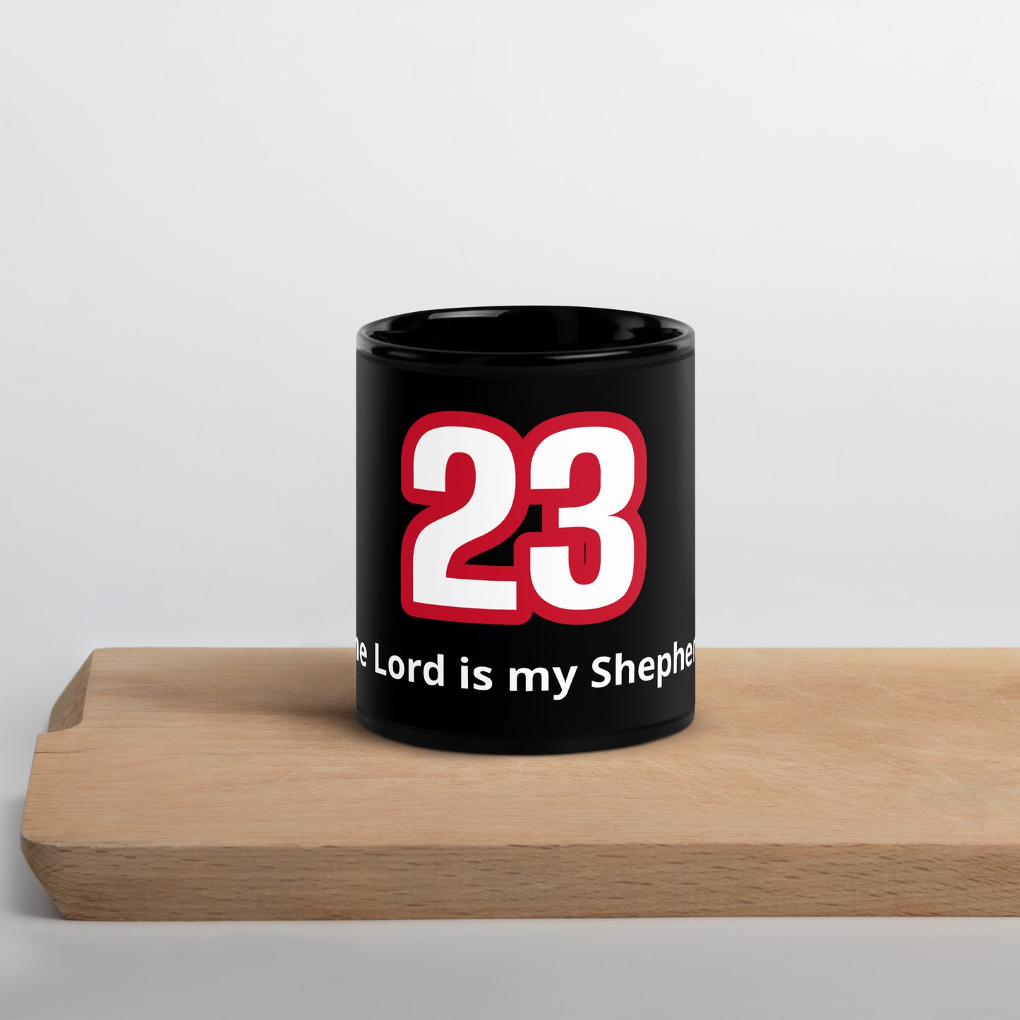 Psalm 23 black glossy mug The Lord Is My Shepherd red and white design by Love1614