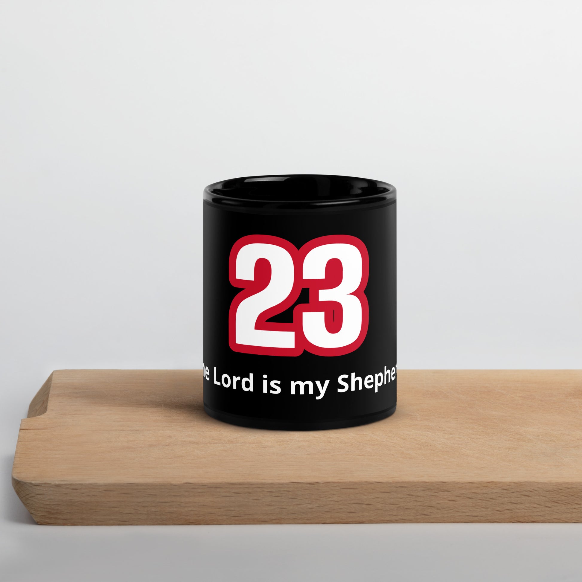 Psalm 23 black glossy mug The Lord Is My Shepherd red and white design by Love1614