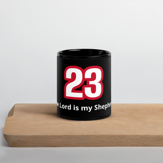 Psalm 23 black glossy mug The Lord Is My Shepherd red and white design by Love1614