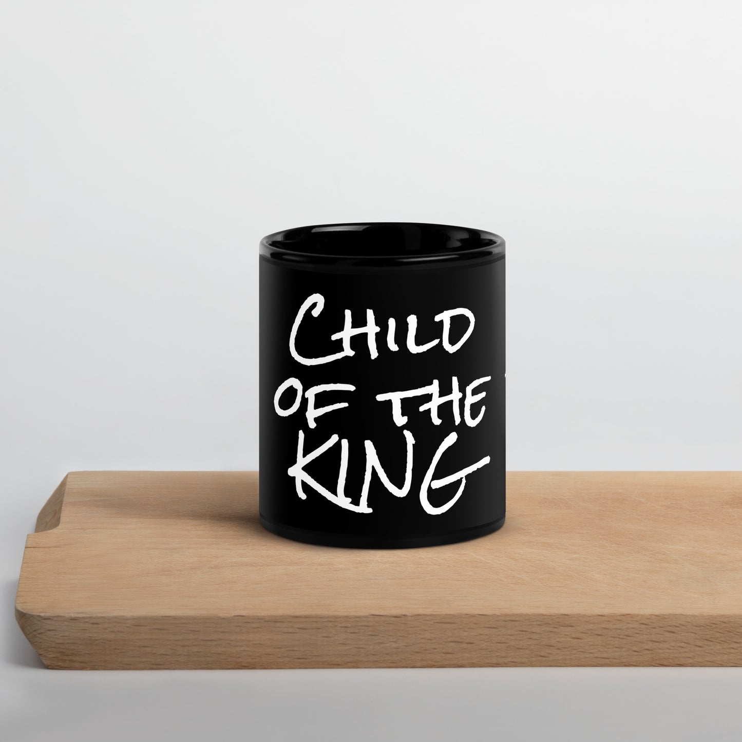 Child of the King black glossy mug white hand-lettered text with cross by Love1614