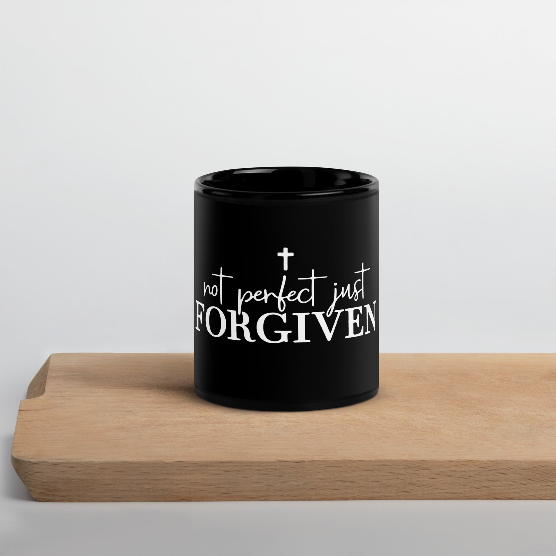 Not Perfect Just Forgiven black glossy mug white script with cross by Love1614